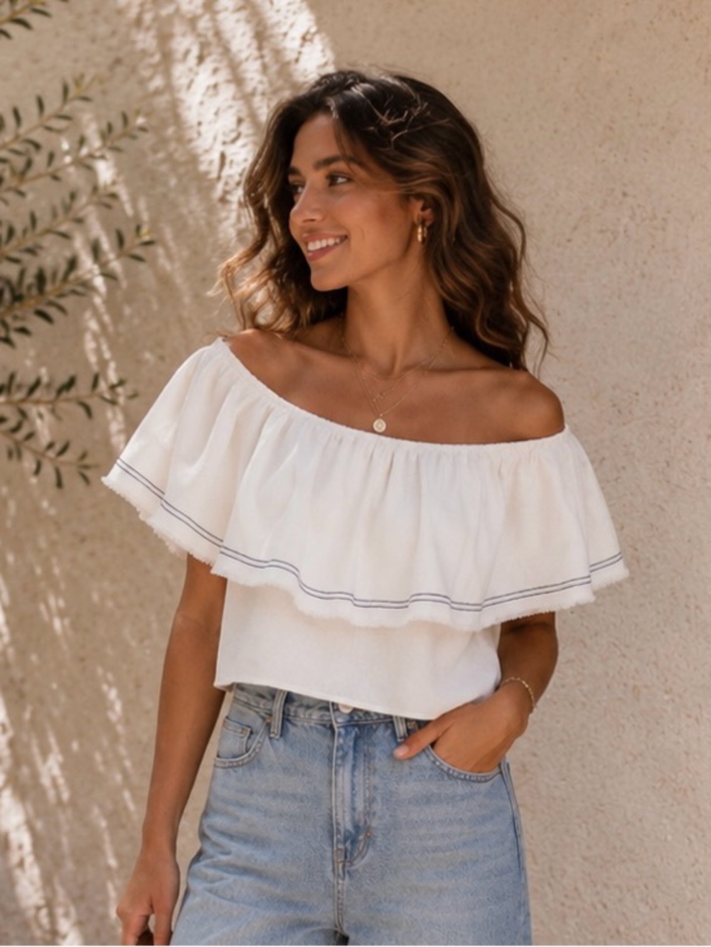 Zara Linen Off Shoulder Ruffle Top Medium White Boho Cottagecore Peasant Blouse